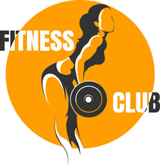 Fitness Club Logo or Emblem. Strong Athlete Woman with Barbell