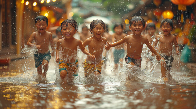 A group of children had fun playing in the water that flooded the road. During the Songkran festival in Thailand,generative ai