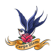 Swallow and Ribbon with Wording Carpe Diem What Means Seize The Day Tattoo