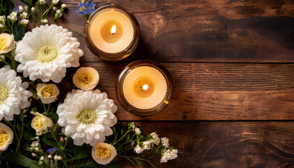 Obraz na płótnie Canvas Top view scene burning candle and flowers on wooden background, copy space, beautiful home interior