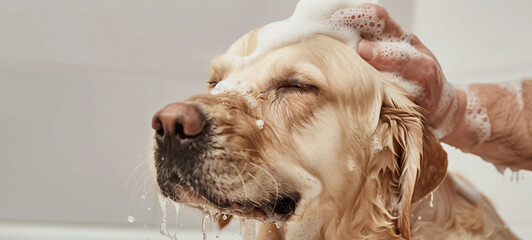 A person lovingly grooms a dog, lathering it with soap and foam, creating a bonding moment of care and affection