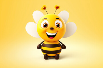 Cute cartoonish bee character, with a friendly smile and striped body, positioned against a spotless white backdrop, symbolizing pollination and sweetness.