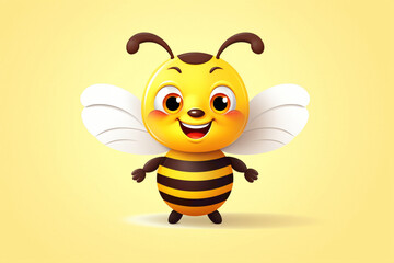 Cute cartoonish bee character, with a friendly smile and striped body, positioned against a spotless white backdrop, symbolizing pollination and sweetness.