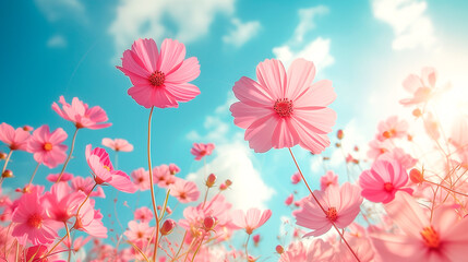 Spring Concept. Delicate flowers on the background of blue sky.