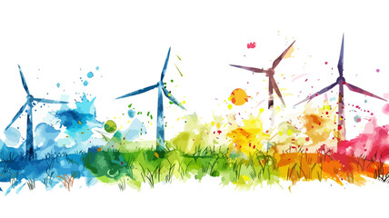 Wasserfarben Windkraft Strom Erneuerbare Energie Landschaft Windrad Turbine
