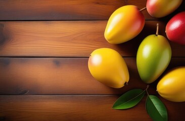 Ripe mango on a wooden table. View from above. Space for text, free space, copyspace