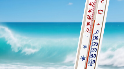The thermometer against the background of the sea shows 20 degrees - obrazy, fototapety, plakaty