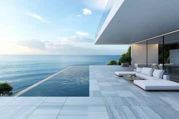 Luxurious minimalist patio with infinity pool overlooking the ocean at dawn, stylish relaxation spot