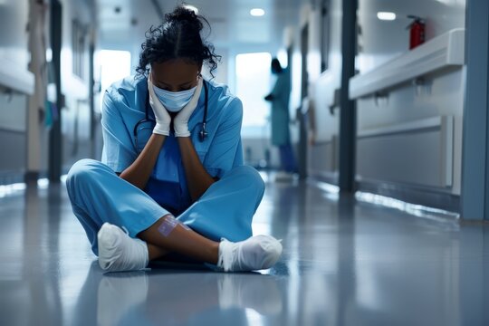 Tired depressed female African scrub nurse wears face mask blue uniform gloves sits on hospital floor