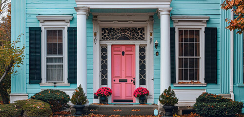A charming classical house design with a symmetrical facade, showcasing a pale turquoise exterior and fuchsia pink trim around the windows, with two jet black columns flanking the door - obrazy, fototapety, plakaty