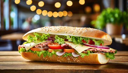 Fresh submarine sandwich. Long sandwich with ham, lettuce and tomatoes. Fast food on wooden board.