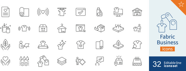 Set of 32 Fabric Business web icons in line style. Product, industry, shop, symbol. Vector illustration.