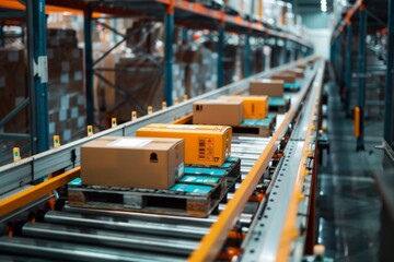 Conveyor belt transporting boxes in a warehouse setting.