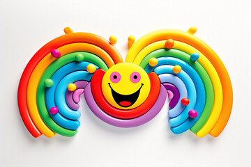 Whimsical cartoonish rainbow, with vibrant colors and a smiling face, stretching across a spotless white surface, spreading joy and positivity.