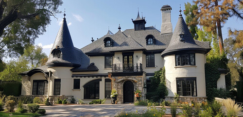 1920s french provincial house with a turret in lakewood - obrazy, fototapety, plakaty