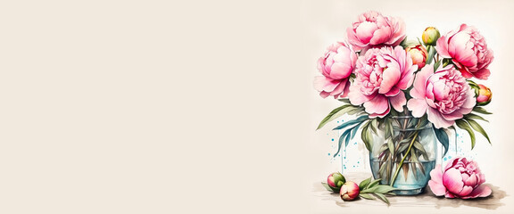 Fototapeta na wymiar Romantic bouquet watercolor of peonies full view in vase on a light background, in bright colors. For Birthday, Easter, Mother day, Valentine's day greeting banner, card, copy space. 