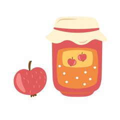 This is a glass jar of apple jam isolated on a white background.