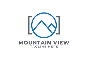 Minimal Mountain Landscape Logo. Focus Outline Square Lens Frame. brand identity Logotype for Adventure, Outdoor, Nature Photography, Expedition, explore, rock, extreme. Photographer Logo Design