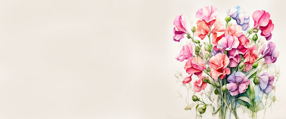 Romantic bouquet watercolor of Sweet pea full view in vase on a light background, in bright colors. For Birthday, Easter, Mother day, Valentine's day greeting banner, card, copy space.