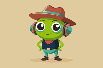 Funny hip-hop-Alien Cute wearing a cowboy hat Put on headphones There was a slight smile at the corners of the mouth, easygoing. full body view. 