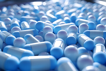 Experience the controlled descent of a blue-white capsule pill, symbolizing the importance of prudent antibiotic usage. Uncover   Generative AI, - obrazy, fototapety, plakaty