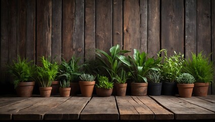 Wooden table with plants for product presentation.