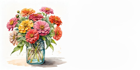 Romantic bouquet watercolor of Zinnia full view  in vase on a light background, in bright colors. For Birthday, Easter, Mother day, Valentine's day greeting banner, card, copy space.
