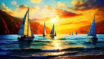 yacht at sunset - obrazy, fototapety, plakaty