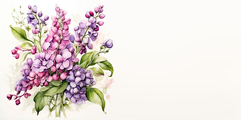 Romantic bouquet watercolor of Lilac in full view on a light background, in bright colors. For Birthday, Easter, Mother day, Valentine's day greeting banner, card, copy space.
