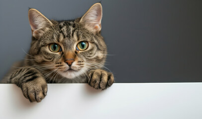 Happy adorable cat peeking out from behind a plain white blank billboard banner with copyspace for text	
