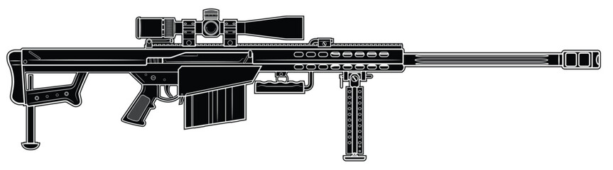 Vector illustration of the Barret M82 semi-automatic anti-materiel rifle with scope on the white background. Black. Right side.