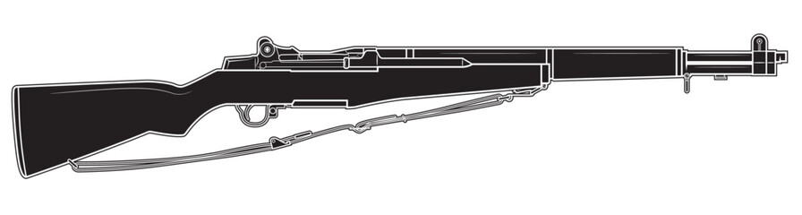 Vector illustration of the M1 Garand rifle with sling on the white background. Black. Right side.