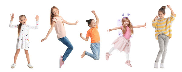 Group of children dancing on white background, set of photos