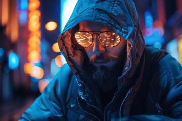 A mysterious person in a hoodie stands in a vibrant, neon-lit urban setting, face obscured from view, evoking a sense of anonymity and intrigue