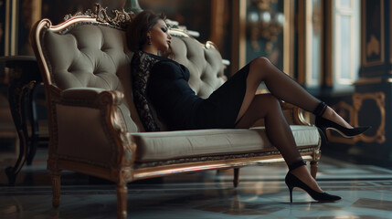 An elegant young woman reclining in trendy shoes on a stylish chaise lounge, her poised posture and fashionable footwear exuding sophistication.