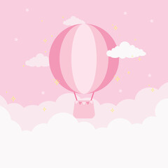 Cute kawaii pink pastel starry sky with clouds and balloon
