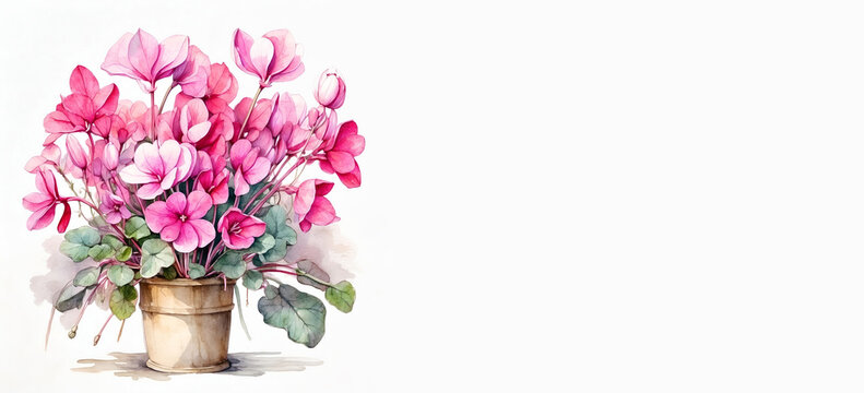 Romantic bouquet watercolor of Cyclamen with big bee in full view on a light background, in bright colors. For Birthday, Easter, Mother day, Valentine's day greeting banner, card, copy space.
