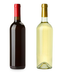Bottles of white and red wine isolated on white