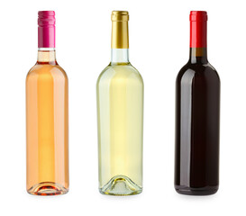 Bottles of white, rose and red wine isolated on white