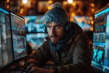 An anonymous hacker types away on multiple computer screens filled with data, giving off a sense of urgency and secrecy in a room lit by warm bokeh lights