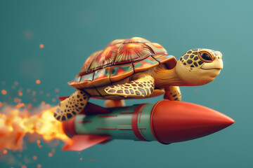 Illustrate a delightful 3D caricature cartoon featuring a joyful turtle riding a rocket, crafted in the green background. - obrazy, fototapety, plakaty