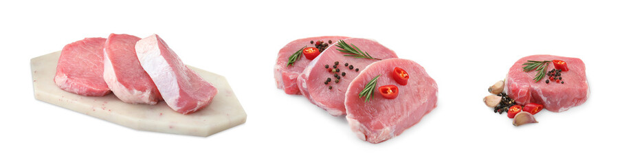 Pieces of raw pork meat and spices isolated on white, set