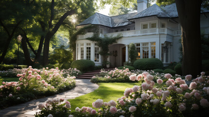 Graceful home with veranda shaded by majestic trees with a beautiful garden of pink roses along the walkway. - obrazy, fototapety, plakaty