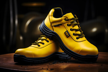 Step into the domain of workplace safety with a pair of eye-catching yellow safety leather shoes,  Generative AI,