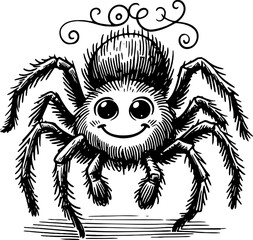 cheerful smiling spider on the web vector sketch drawing