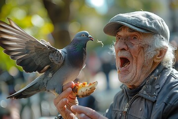 Pigeon rob homeless man stealing his pizza. Old person fight with angry city bird close up.
