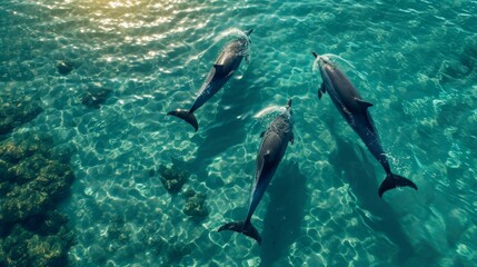 Naklejka premium Four Graceful Dolphins Swimming in Crystal Clear Turquoise Waters, Capturing the Serene Beauty of Marine Life Concept
