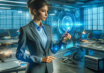 An adult woman in her 30s, smartly dressed in a business suit, is engaged with a high-tech holographic display inside an office setting; showcasing a concept of modern business technology.