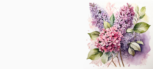 Romantic bouquet watercolor of Lilac in full view on a light background, in bright colors. For Birthday, Easter, Mother day, Valentine's day greeting banner, card, copy space.