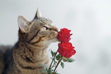 Tabby Cat Poses with Red Rose Bouquet in Yellow and Gold Aesthetic, Against White Background, Illustrating Wildlife Photography Concept